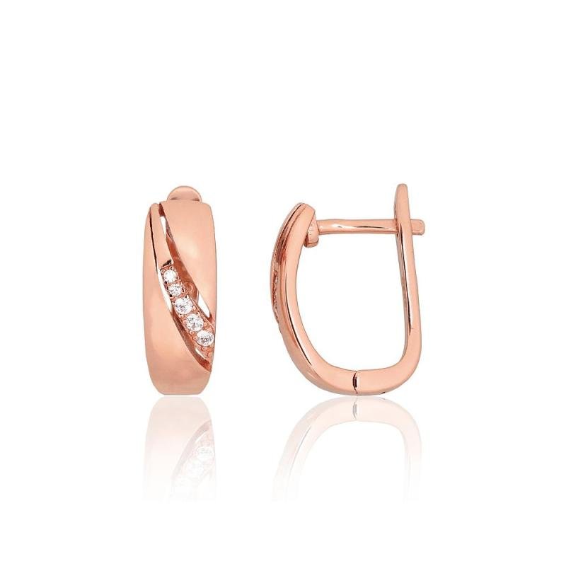Silver earrings with 'english' lock, Silver 925°, red gold (Plating), Zirkons