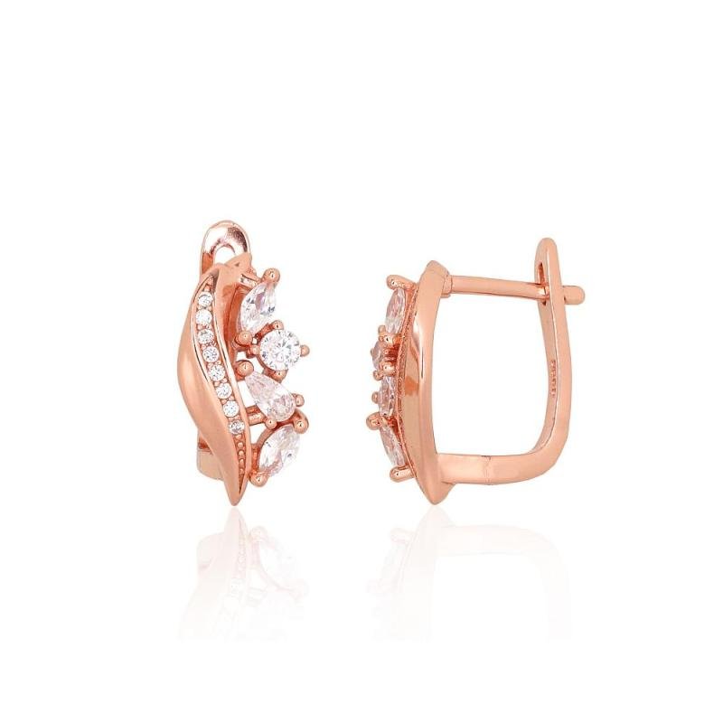 Серебряные серьги на английском замке, Серебро 925°, красное золото (покрытие), Цирконы