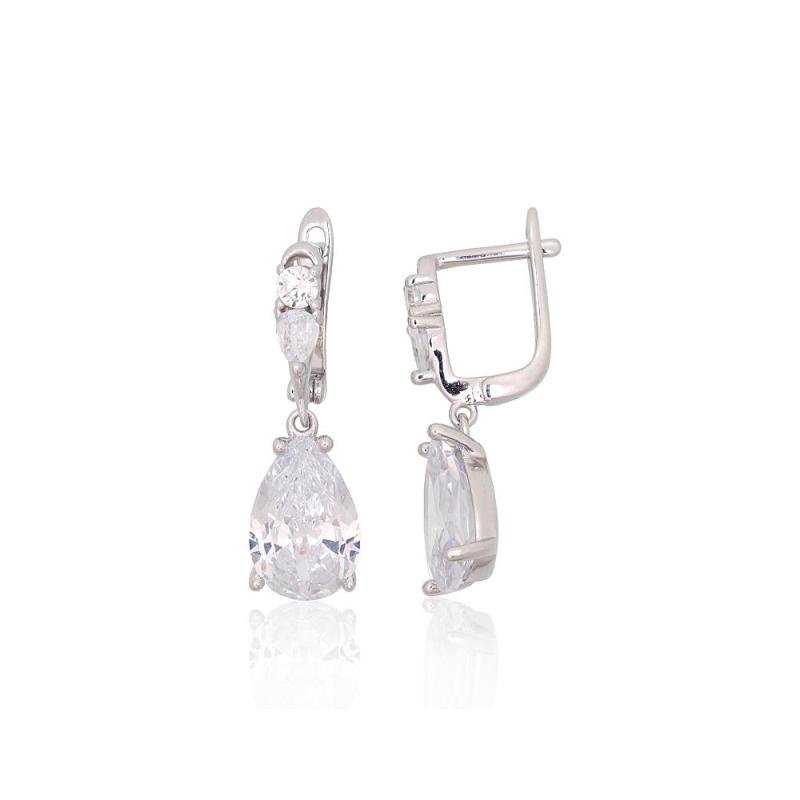 Silver earrings with 'english' lock, Silver 925°, Rhodium (Plating), Zirkons