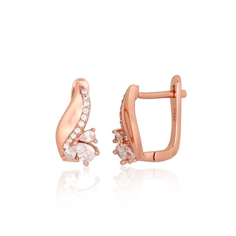 Silver earrings with 'english' lock, Silver 925°, red gold (Plating), Zirkons