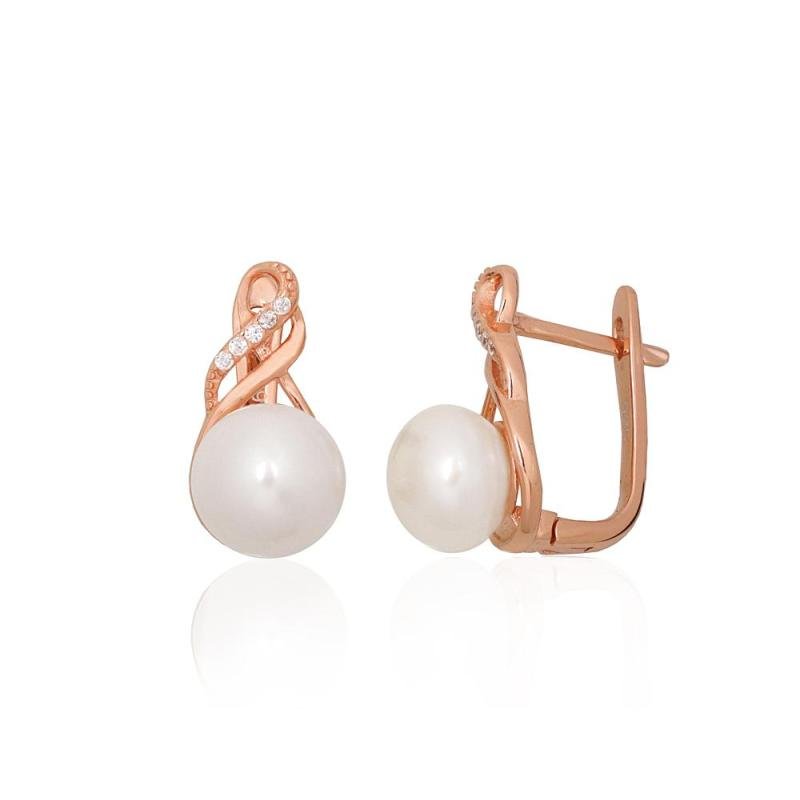 Silver earrings with 'english' lock, Silver 925°, red gold (Plating), Zirkons, Fresh-water Pearl