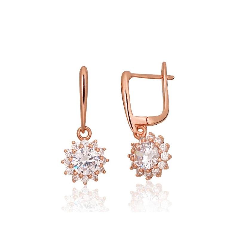 Silver earrings with 'english' lock, Silver 925°, red gold (Plating), Zirkons