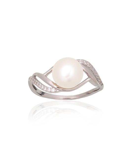 Silver ring, Silver 925°, Rhodium (Plating), Zirkons, Fresh-water Pearl