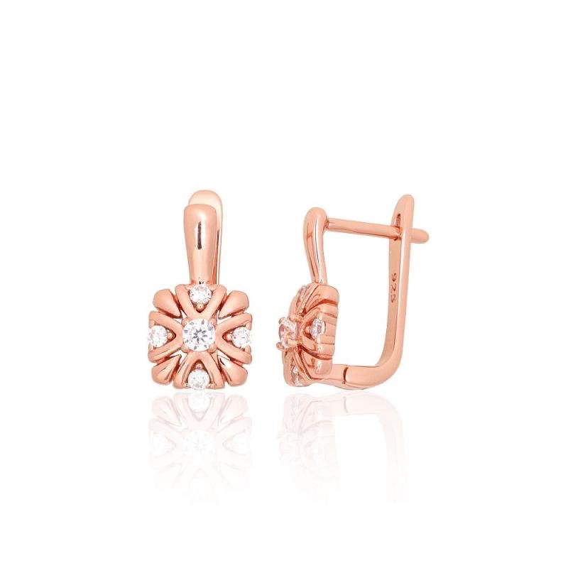 Silver earrings with 'english' lock, Silver 925°, red gold (Plating), Zirkons