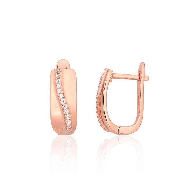 Silver earrings with 'english' lock, Silver 925°, red gold (Plating), Zirkons