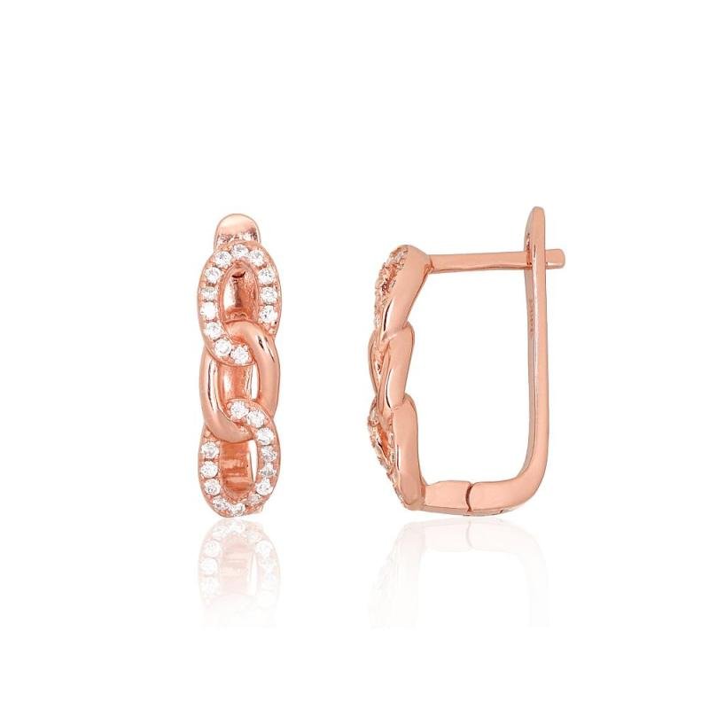 Серебряные серьги на английском замке, Серебро 925°, красное золото (покрытие), Цирконы