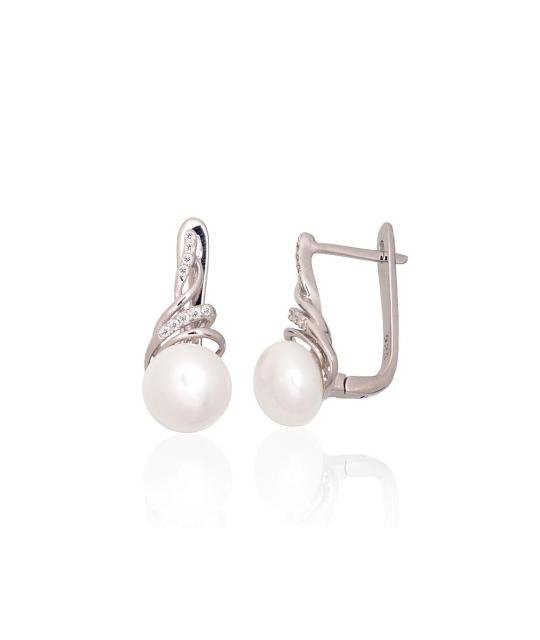 Silver earrings with 'english' lock, Silver 925°, Rhodium (Plating), Zirkons, Fresh-water Pearl