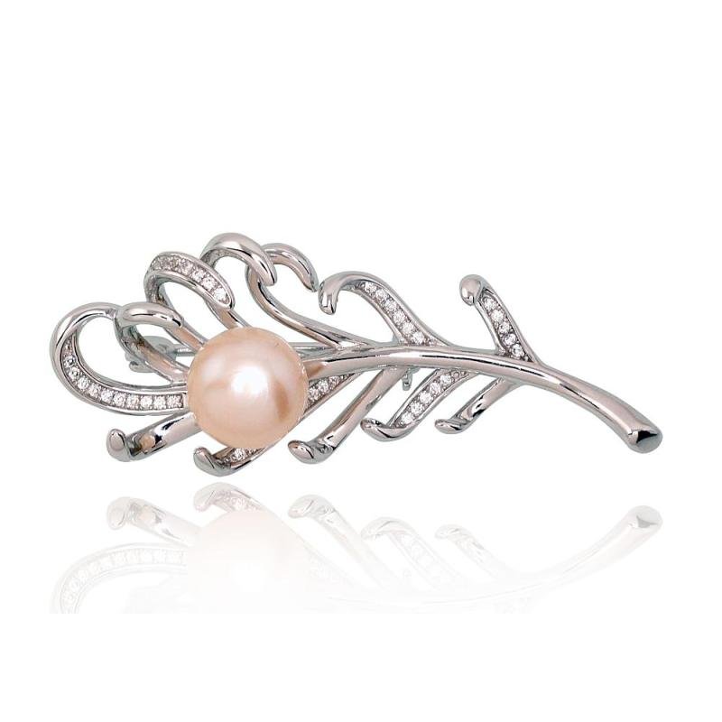 Silver brooch, Silver 925°, Rhodium (Plating), Zirkons, Fresh-water Pearl