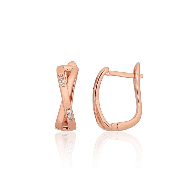 Silver earrings with 'english' lock, Silver 925°, red gold (Plating), Zirkons
