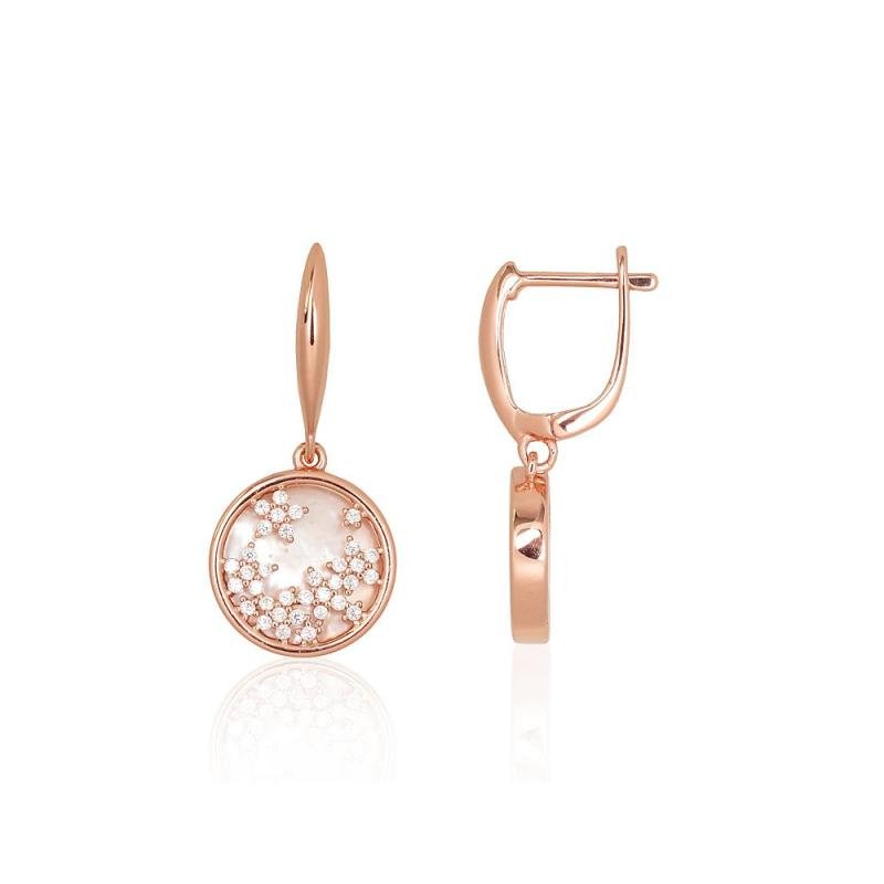 Silver earrings with 'english' lock, Silver 925°, red gold (Plating), Zirkons, Mother-of-pearl