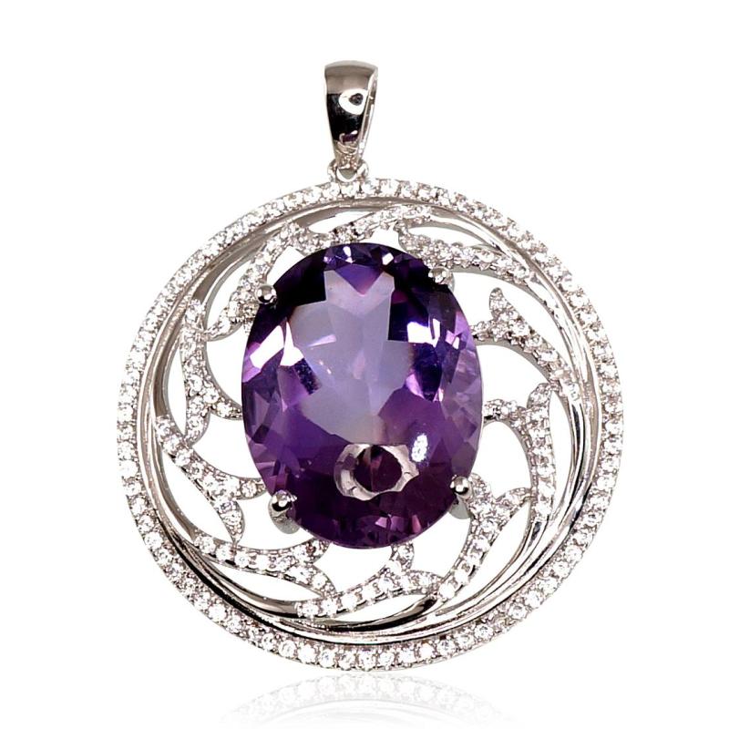 Silver pendant, Silver 925°, Rhodium (Plating), Zirkons, Amethyst
