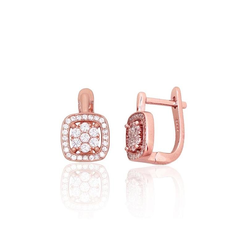 Silver earrings with 'english' lock, Silver 925°, red gold (Plating), Zirkons