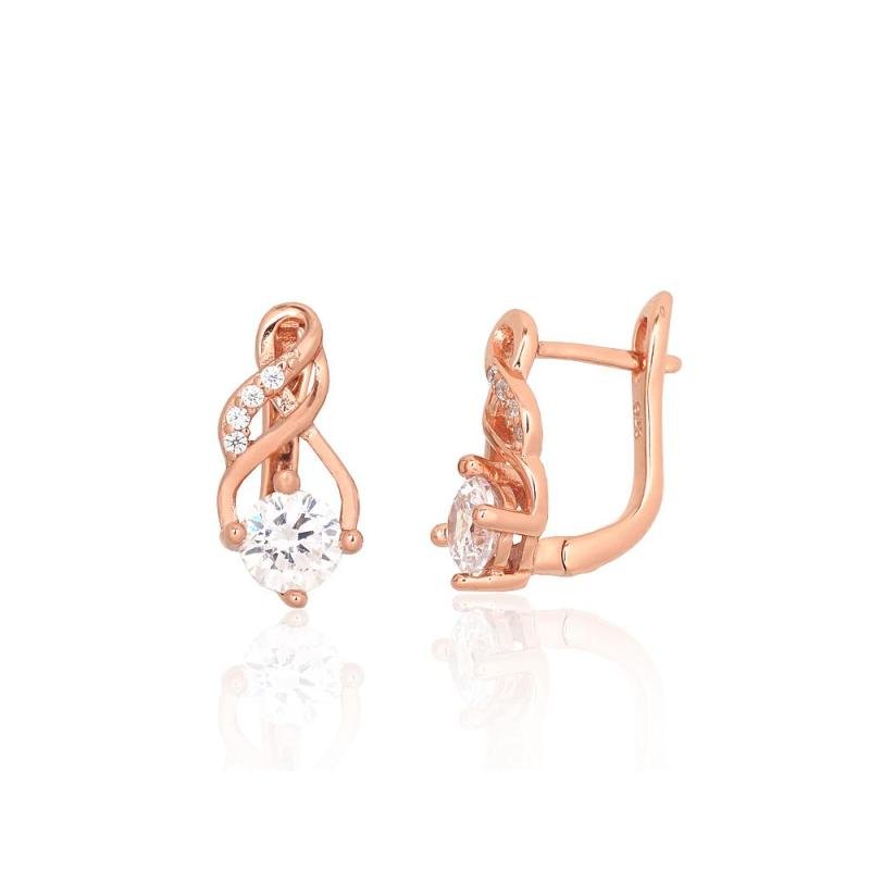Серебряные серьги на английском замке, Серебро 925°, красное золото (покрытие), Цирконы