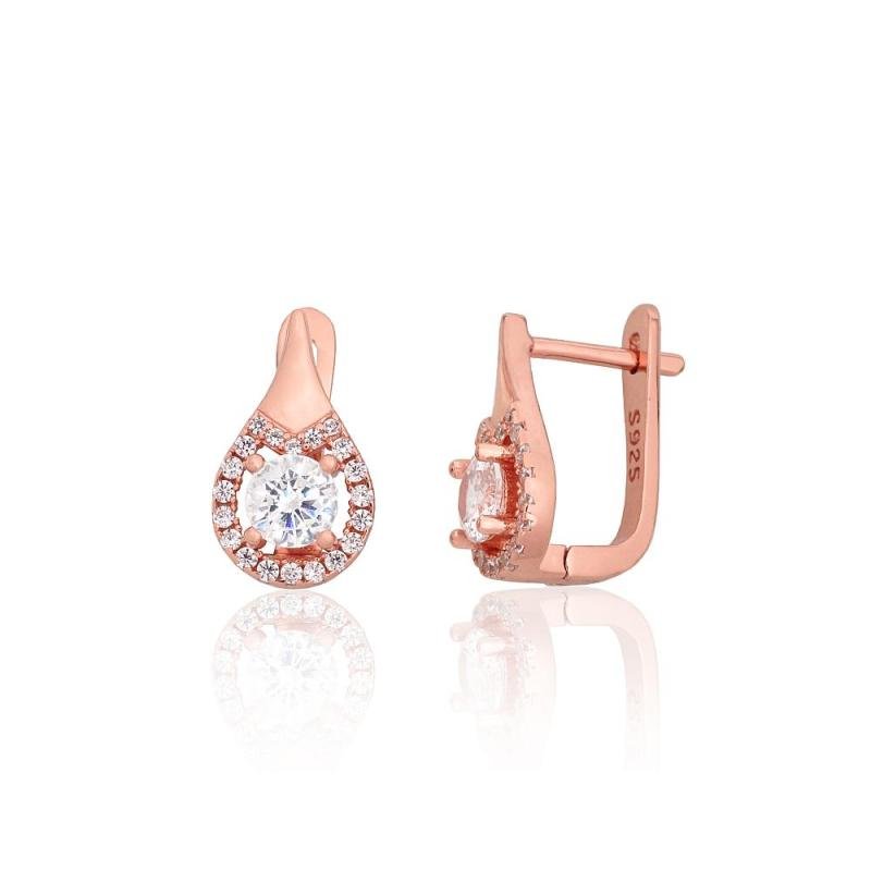 Silver earrings with 'english' lock, Silver 925°, red gold (Plating), Zirkons