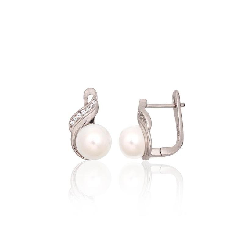 Silver earrings with 'english' lock, Silver 925°, Rhodium (Plating), Zirkons, Fresh-water Pearl