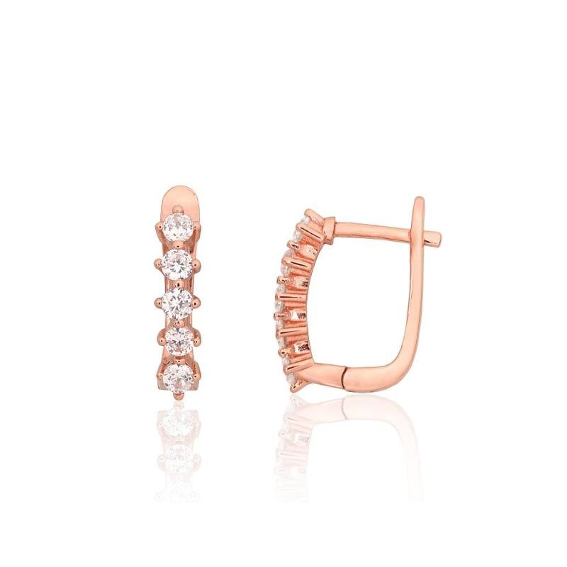 Silver earrings with 'english' lock, Silver 925°, red gold (Plating), Zirkons