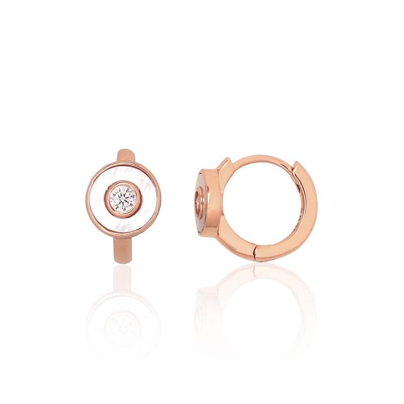 Серебряные серьги с круглой застежкой, Серебро 925°, красное золото (покрытие), Цирконы, Перламутр