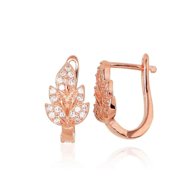 Серебряные серьги на английском замке, Серебро 925°, красное золото (покрытие), Цирконы