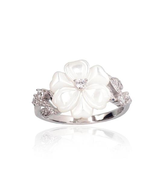 Серебряное кольцо, Серебро 925°, родий (покрытие), Цирконы, Перламутр