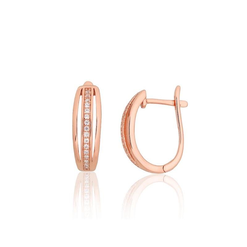 Серебряные серьги на английском замке, Серебро 925°, красное золото (покрытие), Цирконы