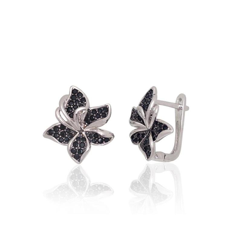Silver earrings with 'english' lock, Silver 925°, Rhodium (Plating), Zirkons