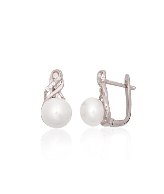 Silver earrings with 'english' lock, Silver 925°, Rhodium (Plating), Zirkons, Fresh-water Pearl