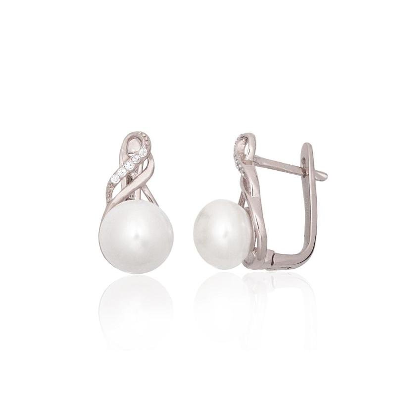 Silver earrings with 'english' lock, Silver 925°, Rhodium (Plating), Zirkons, Fresh-water Pearl
