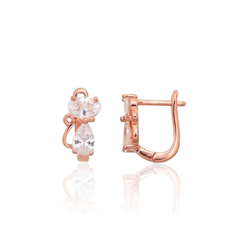 Silver earrings with 'english' lock, Silver 925°, red gold (Plating), Zirkons