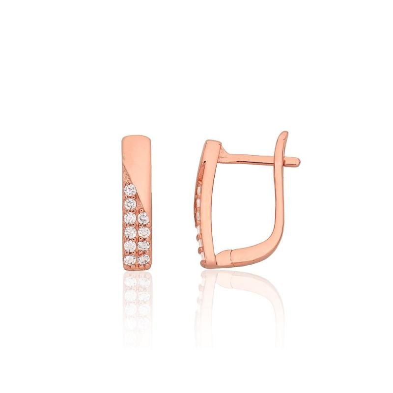Silver earrings with 'english' lock, Silver 925°, red gold (Plating), Zirkons