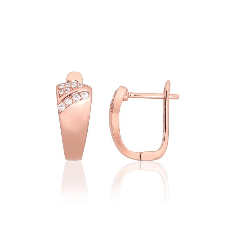 Silver earrings with 'english' lock, Silver 925°, red gold (Plating), Zirkons