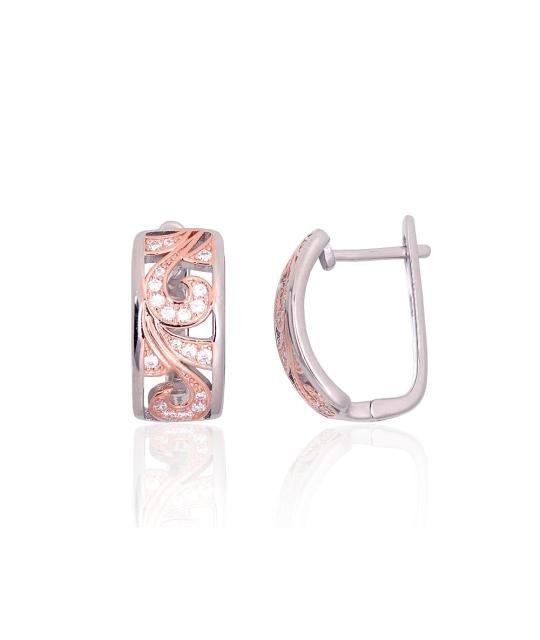 Silver earrings with 'english' lock, Silver 925°, red gold (Plating)/, Rhodium (Plating), Zirkons
