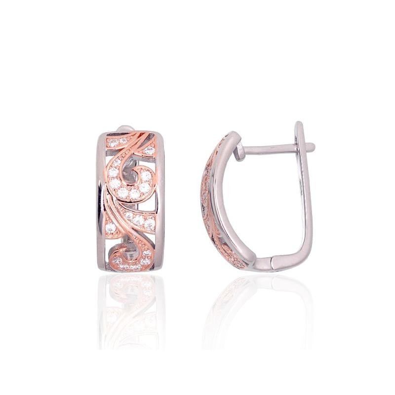Silver earrings with 'english' lock, Silver 925°, red gold (Plating)/, Rhodium (Plating), Zirkons