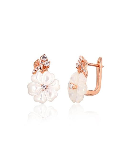 Silver earrings with 'english' lock, Silver 925°, red gold (Plating), Zirkons, Mother-of-pearl