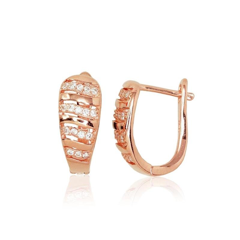 Silver earrings with 'english' lock, Silver 925°, red gold (Plating), Zirkons