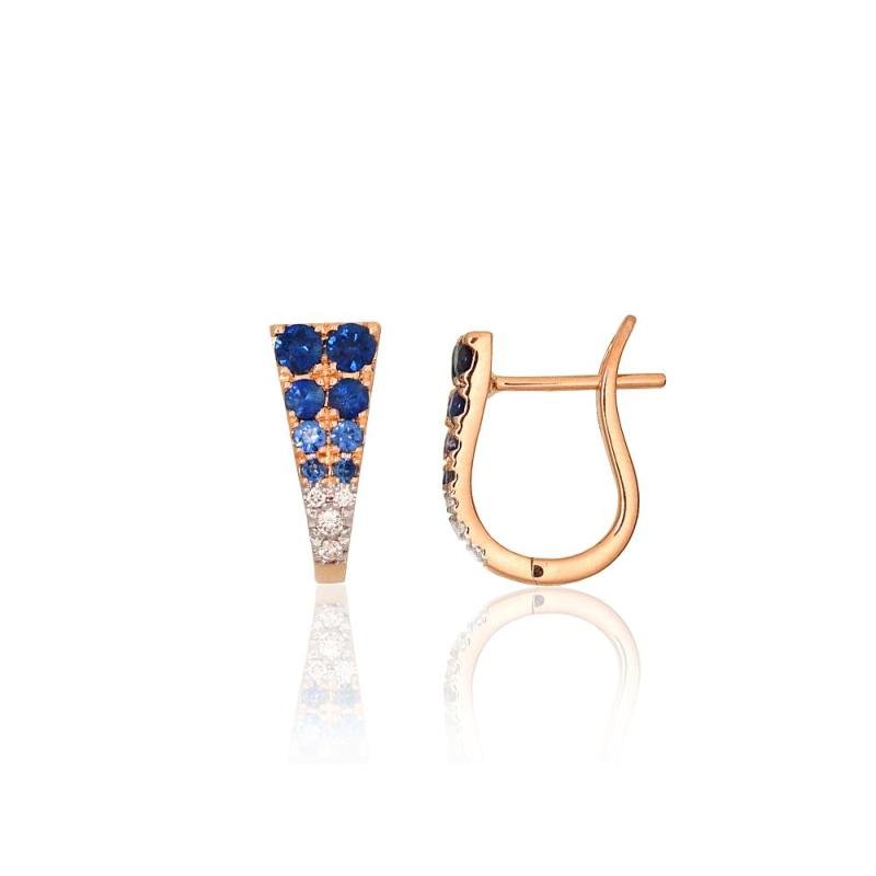 Gold earrings with 'english' lock, Red Gold 585°, Rhodium (Plating), Diamonds, Sapphire