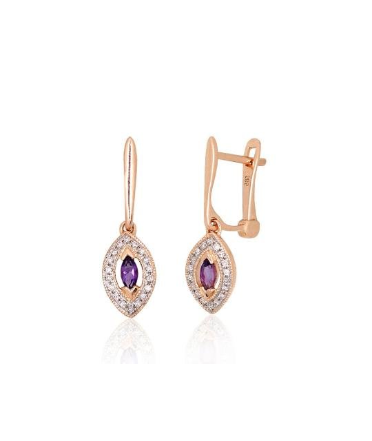 Gold earrings with 'english' lock, Red Gold 585°, Rhodium (Plating), Diamonds, Amethyst