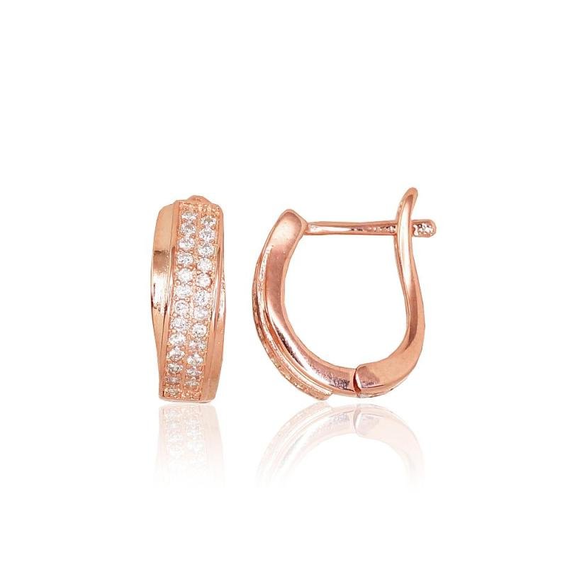 Серебряные серьги на английском замке, Серебро 925°, красное золото (покрытие), Цирконы