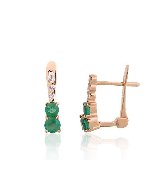 Gold earrings with 'english' lock, Red Gold 585°, Diamonds, Emerald