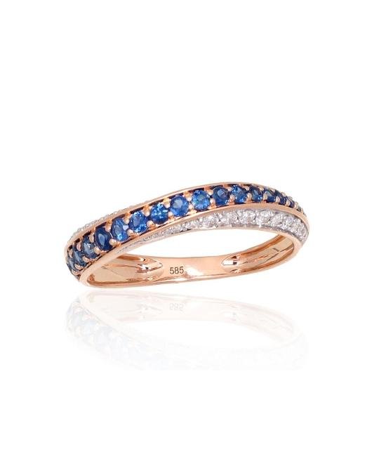 Gold ring, Red Gold 585°, Rhodium (Plating), Diamonds, Sapphire