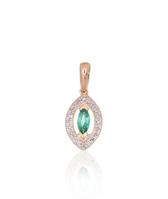 Gold pendant, Red Gold 585°, Rhodium (Plating), Diamonds, Emerald