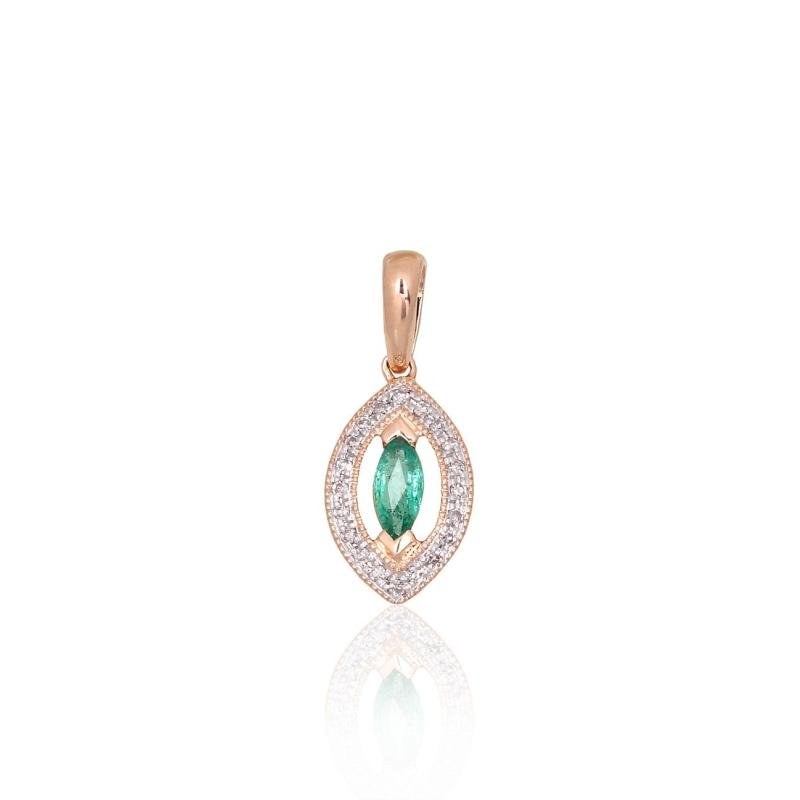 Gold pendant, Red Gold 585°, Rhodium (Plating), Diamonds, Emerald