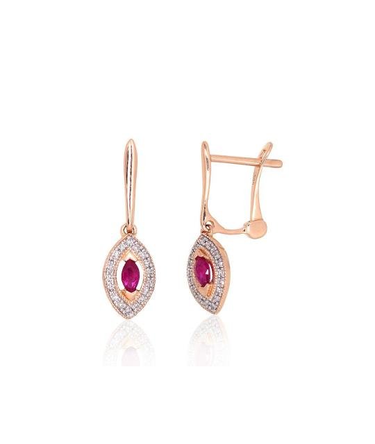 Gold earrings with 'english' lock, Red Gold 585°, Rhodium (Plating), Diamonds, Ruby
