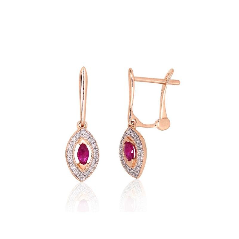 Gold earrings with 'english' lock, Red Gold 585°, Rhodium (Plating), Diamonds, Ruby