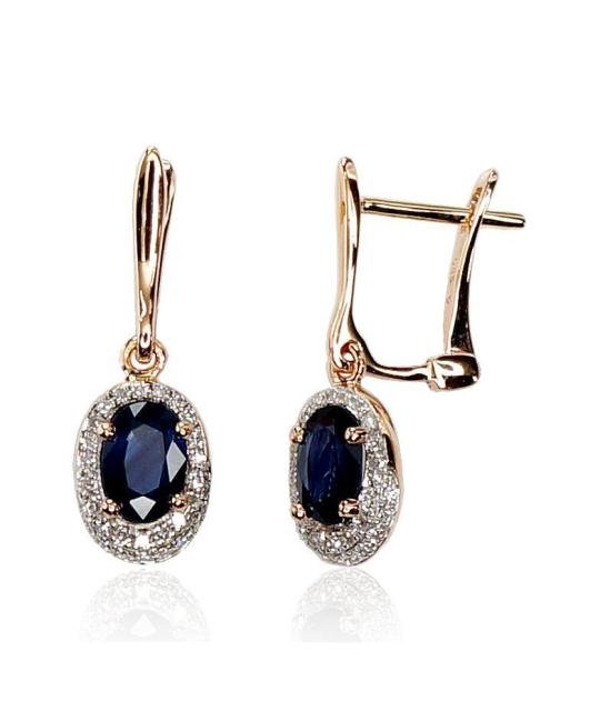 Gold earrings with 'english' lock, Red Gold 585°, Rhodium (Plating), Diamonds, Sapphire