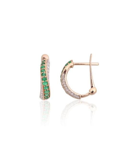 Gold earrings with 'english' lock, Red Gold 585°, Rhodium (Plating), Diamonds, Emerald