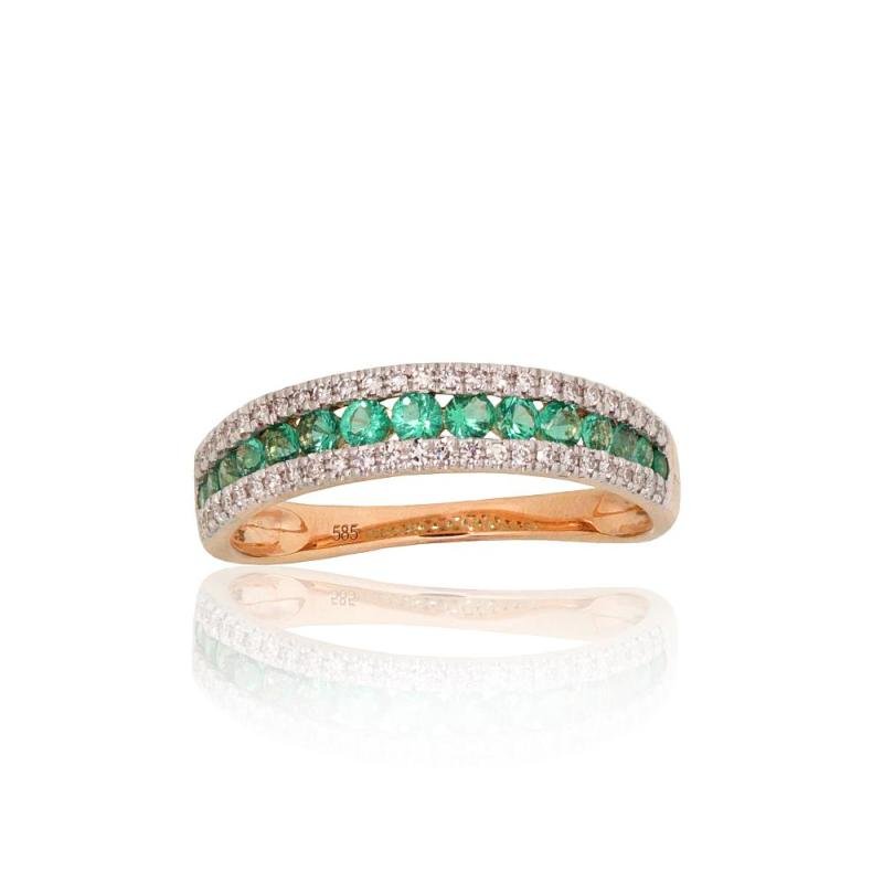 Gold ring, Red Gold 585°, Rhodium (Plating), Diamonds, Emerald