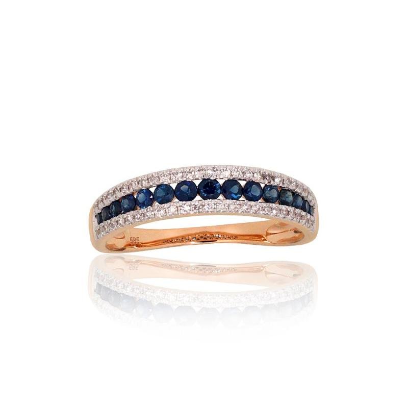 Gold ring, Red Gold 585°, Rhodium (Plating), Diamonds, Sapphire