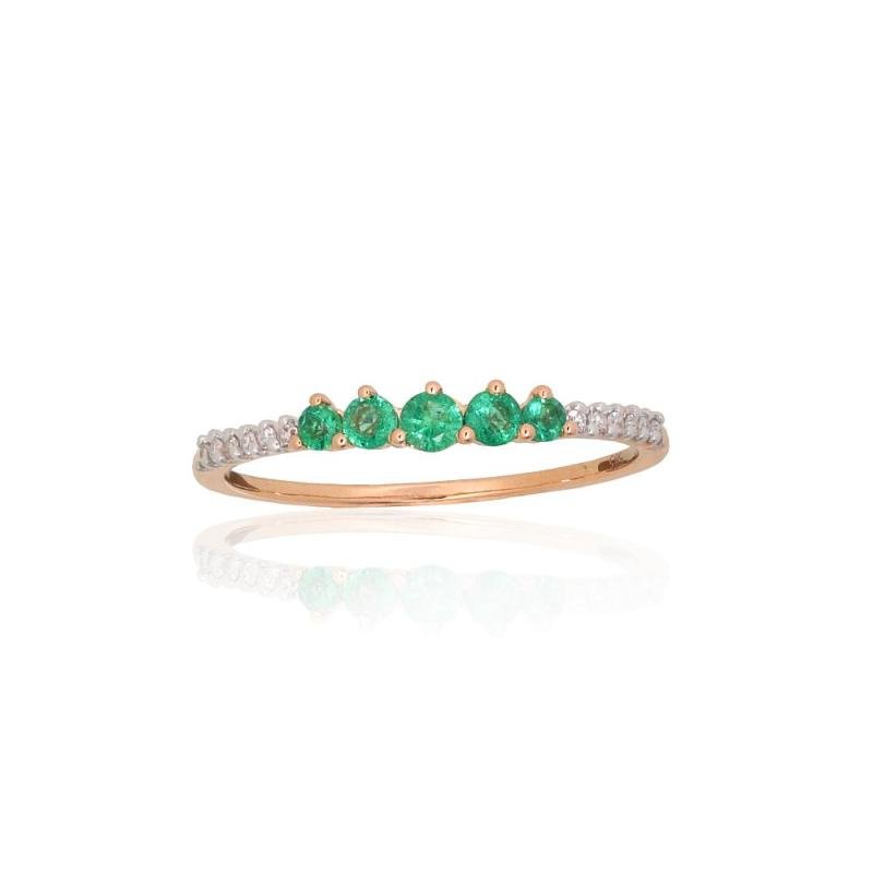 Gold ring, Red Gold 585°, Rhodium (Plating), Diamonds, Emerald