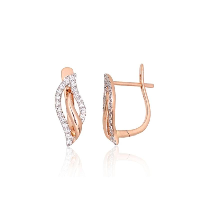 Gold earrings with 'english' lock, Red Gold 585°, Rhodium (Plating), Diamonds