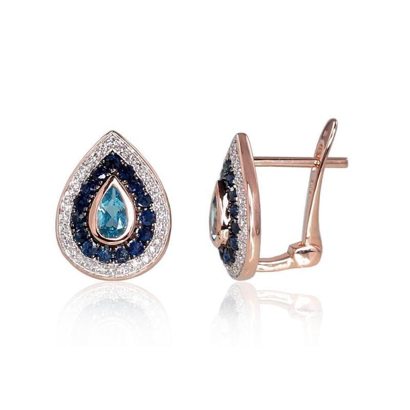 Gold earrings with 'english' lock, Red Gold 585°, Rhodium (Plating), Diamonds, Sapphire, Blue Topaz